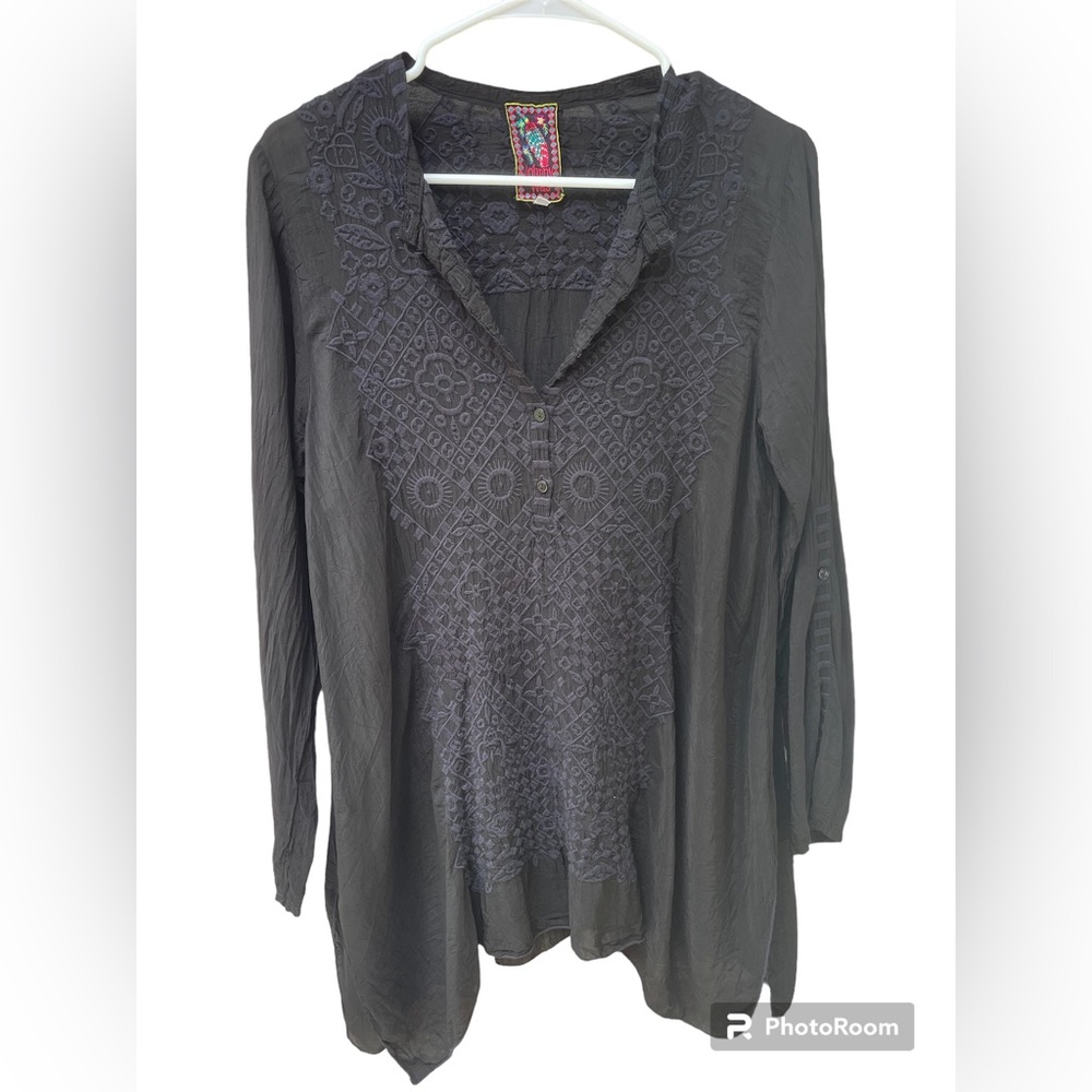 Johnny Was Rona tunic black embroidered long sleeve Henley Small